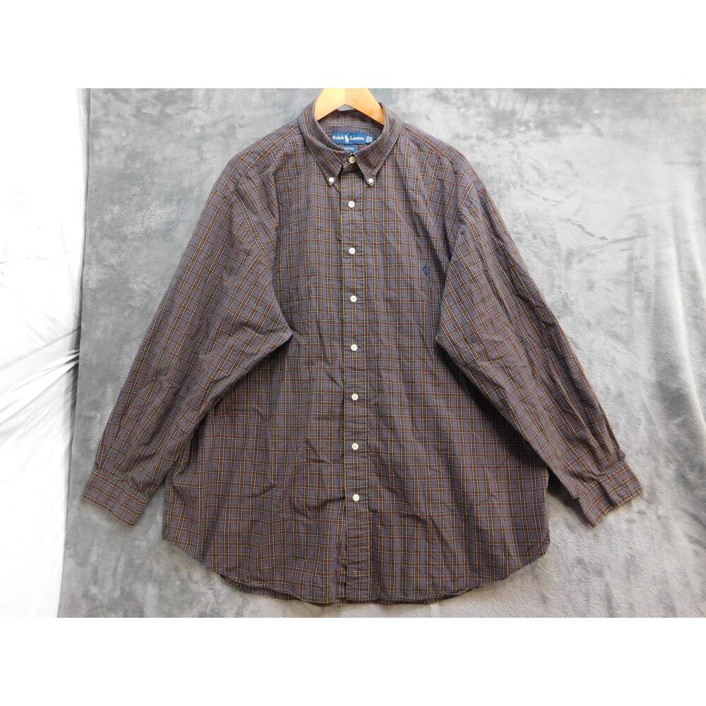 Ralph Lauren Shirt Mens Big 2X Blue Plaid Long Sleeve Button Up Cotton